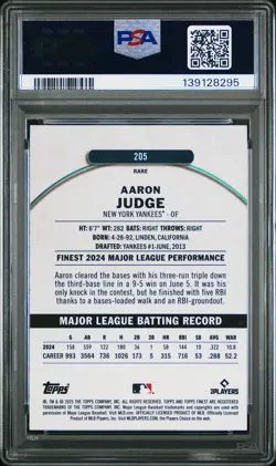 2025 Aaron Judge Topps Finest Rare #205 Sky Blue Refractor 125/150 PSA 9 - Image 2