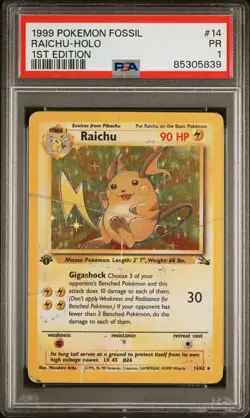 Pokemon TCG Raichu Fossil Holo Rare Card 14/62 1st Edition PSA 1 - Image 1