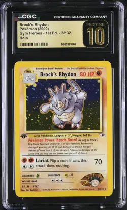 CGC 10 PRISTINE 1st Edition Brock's Rhydon 2/132 Gym Heroes Pokemon 2000 Vintage - Image 1