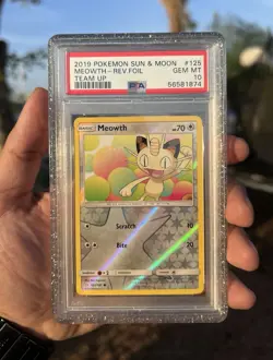 Pokemon Meowth Sun & Moon Team Up Reverse Holo 125/181 Common PSA 10 2019 POP 2 - Image 1