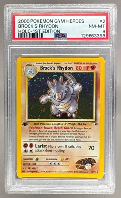 2000 Pokemon Gym Heroes 1st Edition 2 Brock's Rhydon Holo PSA 8 129663398 - Image 1