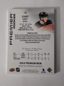 2024 UPPER DECK PREMIER #136 SEAMUS CASEY MEMORABILIA GOLD PATCH ROOKIE RC /49 - Image 2