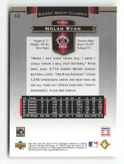 Nolan Ryan 2003 Upper Deck Sweet Spot Classic #63 California Angels SK142 - Image 2
