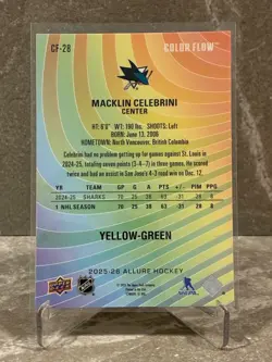 2025-26 Upper Deck Allure Color Flow Yellow Green Macklin Celebrini #CF-28 - Image 2