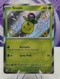 Smoliv 102/091 SV: Paldean Fates Shiny Rare Pokemon TCG LP - Image 1