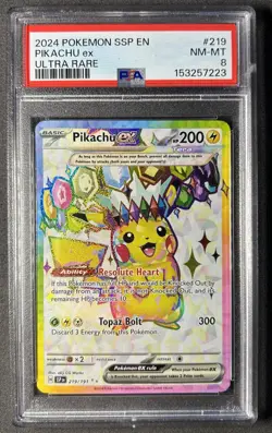 2024 POKEMON SSP EN-SURGING SPARKS | ULTRA RARE #219 PIKACHU EX PSA 8 - Image 1