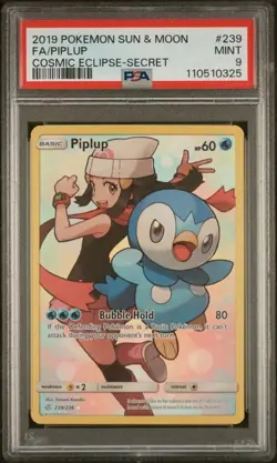 2019 Pokemon Sun & Moon Cosmic Eclipse Piplup #239 Secret Rare PSA 9 Mint - Image 1