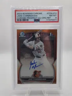 JAKE CUNNINGHAM 2023 Bowman Draft Chrome 1st Auto True Orange /25 BOOKEND PSA8 - Image 1
