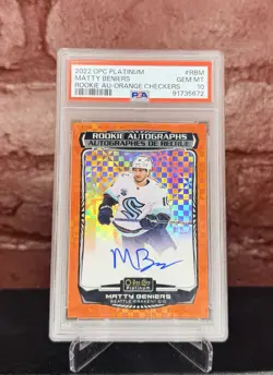 2022 OPC Platinum Matty Beniers 1/15 Rookie Auto Orange Checkers PSA 10 Kraken - Image 1