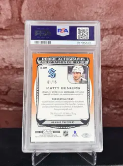 2022 OPC Platinum Matty Beniers 1/15 Rookie Auto Orange Checkers PSA 10 Kraken - Image 2