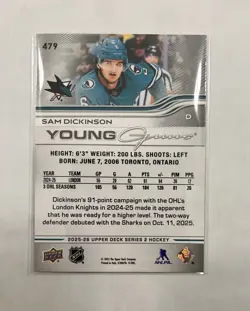 2025-26 Upper Deck Series 2 - Young Guns Sam Dickinson Sharks #479 (RC) - Image 2