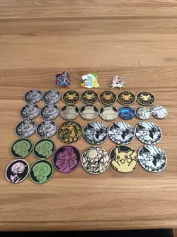 Pokemon TCG 29 Coin Assortment & 3 Pin Lot Lucario Charizard Pikachu Pokemon Day - Image 1