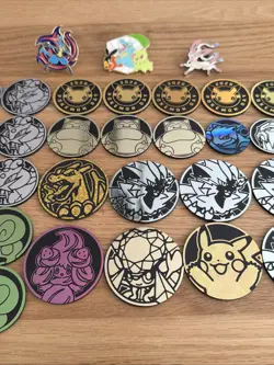 Pokemon TCG 29 Coin Assortment & 3 Pin Lot Lucario Charizard Pikachu Pokemon Day - Image 3