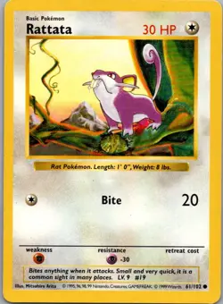 Rattata 61/102 Common Base Set Shadowless Pokemon Moderately Played - Image 1