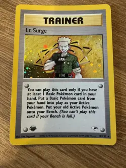 1st Edition Lt. Surge Trainer (17/132) Holo Gym Heroes Pokemon Card - Image 1