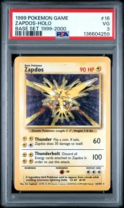 1999 POKEMON GAME BASE SET 1999-2000 #16 ZAPDOS-HOLO PSA 3 - Image 1