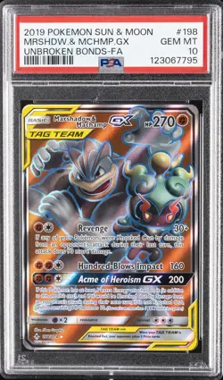 2019 POKEMON SUN & MOON UNBROKEN BONDS FULL ART/MARSHADOW & MACHAMP GX PSA 10 - Image 1