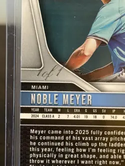 2025 Panini Prizm Noble Meyer #146 1/1 Gold Vinyl Miami Marlins - Image 3