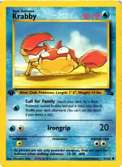 Pokemon TCG Krabby 51/62 Common Fossil 1st Edition HP/DMG - Image 1