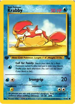 Pokemon TCG Krabby 51/62 Common Fossil 1st Edition DMG - Image 1