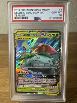 2019 POKEMON SUN & MOON TEAM UP #1 CELEBI & VENUSAUR GX PSA 10 - Image 1