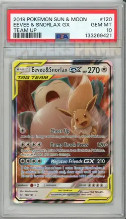 2019 POKEMON SUN & MOON TEAM UP #120 EEVEE & SNORLAX GX PSA 10 - Image 1