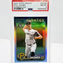 2024 Topps Update Series Paul Skenes #US100 Rainbow Foil White uniform RC PSA 8 - Image 1
