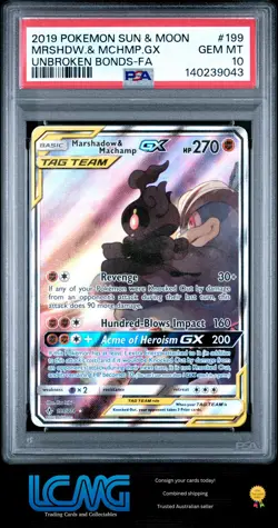 2019 Pokemon Sun & Moon Unbroken Bonds #199 Marshadow & Machamp GX PSA 10 - Image 1
