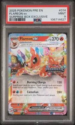 2025 POKEMON EN-PRISMATIC EVOLUTIONS SURPRISE BOX EXCLUSIVE FLAREON EX PSA 9 #27 - Image 1