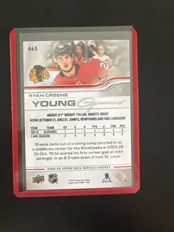 2025/26 UPPER DECK SERIES 2 RYAN GREENE YOUNG GUNS RC #465 Chicago Blackhawks - Image 2