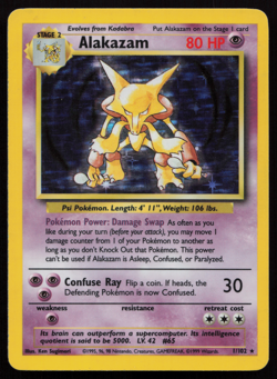 Alakazam 1/102 Holo Rare Unlimited Edition Base Set Pokemon Card 1999 WOTC MP** - Image 1