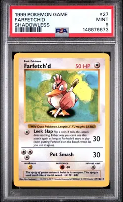 1999 vintage POKEMON Base Set SHADOWLESS FARFETCH'D PSA 9 MINT #27/102 Uncommon - Image 1