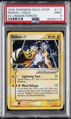 2005 POKEMON EX UNSEEN FORCES GOLD STAR #114 RAIKOU-HOLO PSA 9 - Image 1