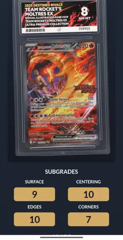 Team Rocket's Moltres ex 229/182 Destined Rivals UPC ACE NM-MT 8 Graded Pokemon - Image 4