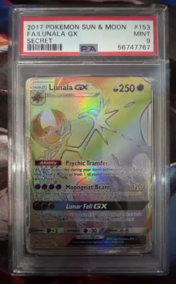 Pokemon Lunala GX Sun & Moon Secret Rare Full Art Holo 153/149 PSA 9 - Image 1