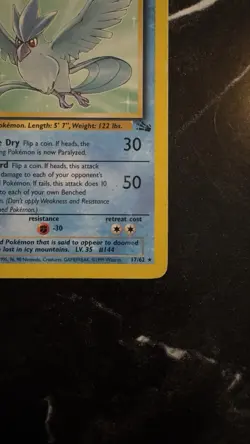 Pokemon TCG Articuno 17/62 Unlimited Non-Holo Rare Fossil set 1999 - Image 4