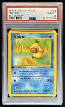 1999 Pokemon Fossil 1st Edition Psyduck #53/62 PSA 8 - Image 1