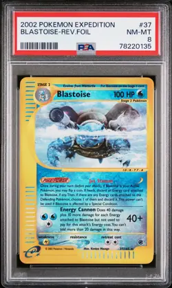 2002 POKEMON EXPEDITION #37 BLASTOISE-REVERSE FOIL PSA 8 - Image 1
