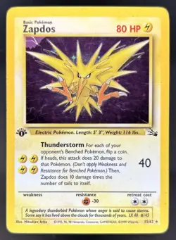 1999 Pokemon Fossil 1st Edition Zapdos #15/62 - Image 1