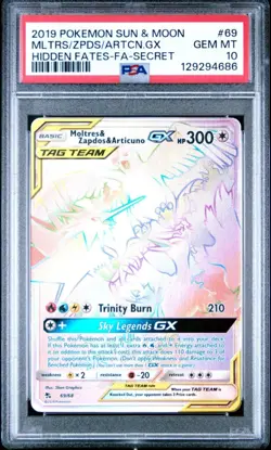 2019 Pokemon Hidden Fates Moltres Zapdos Articuno GX 69/68 Secret Rainbow PSA 10 - Image 1