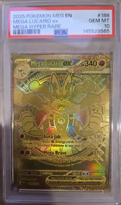 PSA 10 GEM MINT Mega Lucario EX Gold Hyper Rare 188/132 Pokemon Mega Evolution - Image 1