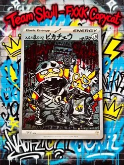 Hand painted Pikachu & Psyduck Team Skull on holo energy Pokemon card by: Potato - Image 1