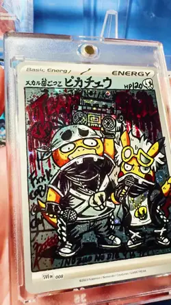 Hand painted Pikachu & Psyduck Team Skull on holo energy Pokemon card by: Potato - Image 2