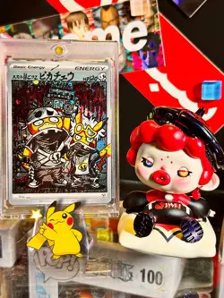 Hand painted Pikachu & Psyduck Team Skull on holo energy Pokemon card by: Potato - Image 3