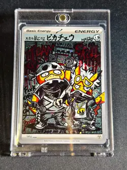 Hand painted Pikachu & Psyduck Team Skull on holo energy Pokemon card by: Potato - Image 4
