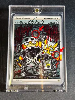 Hand painted Pikachu & Psyduck Team Skull on holo energy Pokemon card by: Potato - Image 5