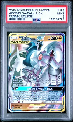 2019 POKEMON SUN & MOON COSMIC ECLIPSE #156 ARCEUS & DIALGA & PALKIA GX PSA 9 - Image 1