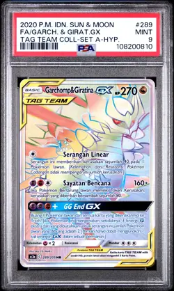 PSA 9 Garchomp & Giratina GX Secret Rare Rainbow Tag Team Indonesian Pokemon - Image 1
