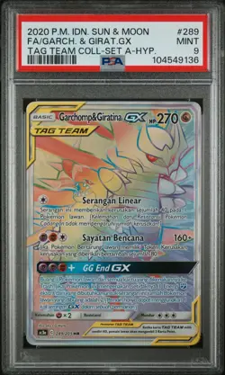 PSA 9 Garchomp & Giratina GX Secret Rare Rainbow Tag Team Indonesian Pokemon - Image 3