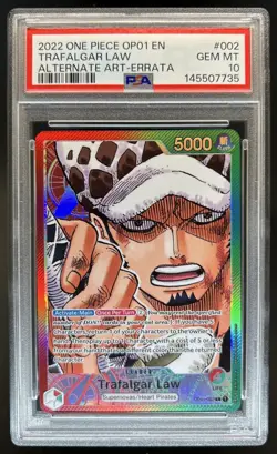 2022 One Piece Romance Dawn Trafalgar Law Alt Art Errata Leader #OP01-002 PSA 10 - Image 1